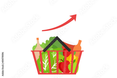 Grocery basket with high graph. Cost of living, growth of grocery price, economic inflation vector illustration