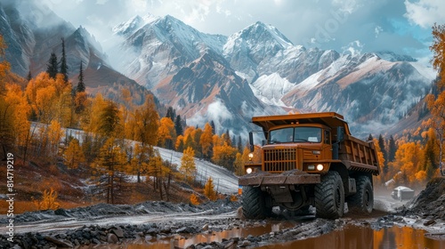 Rugged dump truck on muddy road in mountainous area. © Gasspoll