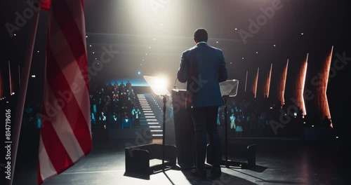 Politician Delivering a Speech at a Campaign Rally. Political Party Member Giving a Passionate Presentation to Excited Voters, Promising Wealth and Prosperity to United States of America photo