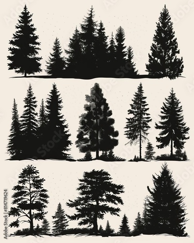 A collection of hand-drawn pine tree silhouettes. The perfect addition to any nature-themed project.