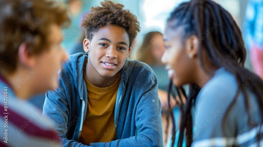A diverse group of young individuals are seated around a table, engaged in conversation and interaction. A diverse group of young individuals are seated around a table, engaged in conversation and interaction.