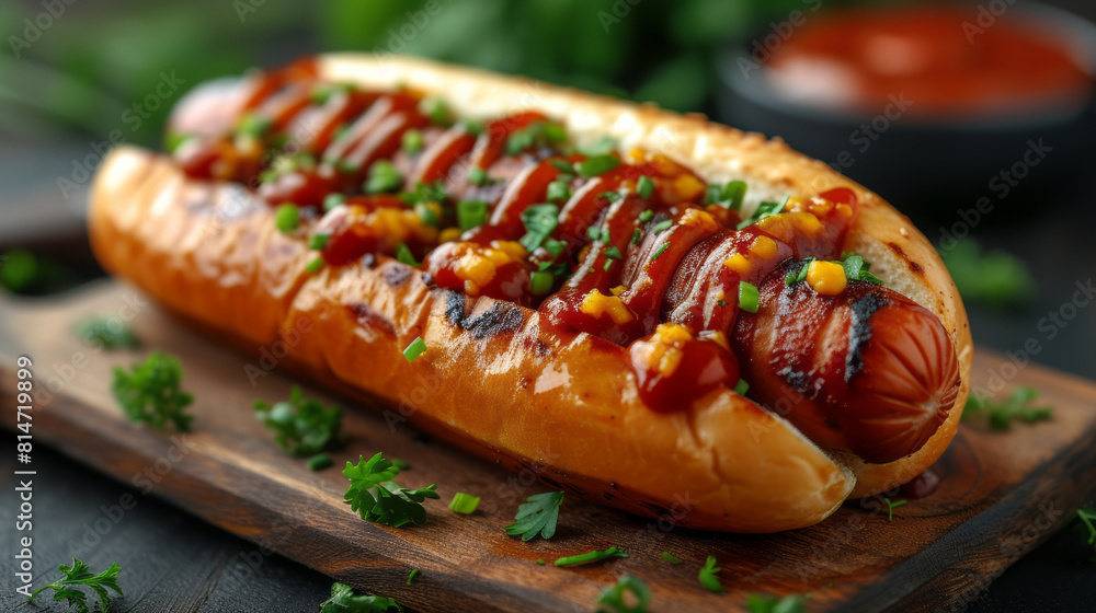 Classic tasty hot dog with ketchup. Street food Classic tasty hot dog with ketchup. Street food