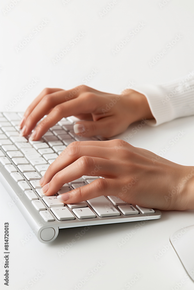 Close-up of hands on a keyboard of a desktop computer or laptop being used by an office worker while working in a corporate business workplace, stock illustration image Close-up of hands on a keyboard of a desktop computer or laptop being used by an office worker while working in a corporate business workplace, stock illustration image