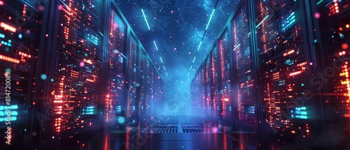 Artistic 3D visualization of a data center integrated into a skyscrapers infrastructure  blending technology with urban architecture