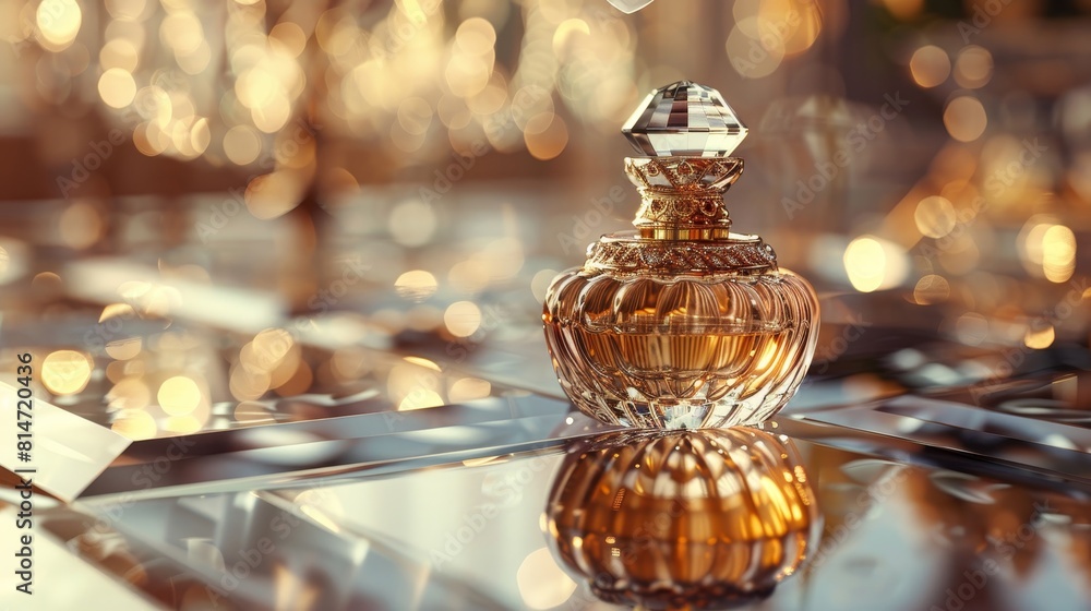 Capture of a luxurious goldtoned perfume bottle, its opulence reflected on a mirrored surface, perfectly framed for an upscale label Capture of a luxurious goldtoned perfume bottle, its opulence reflected on a mirrored surface, perfectly framed for an upscale label