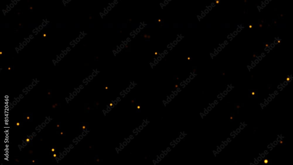 Abstract loop animation flickering glow orange gold bokeh bubble particles flow on black background. 4K 3D seamless looping orange bokeh particles dust fly in the air.
