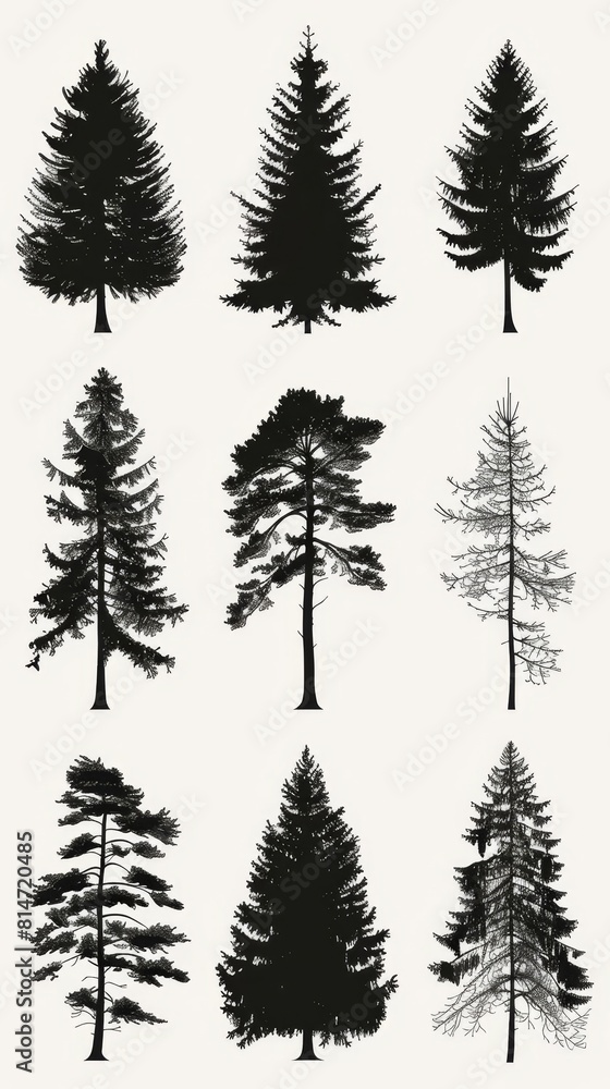 A set of nine hand-drawn pine tree silhouettes A set of nine hand-drawn pine tree silhouettes