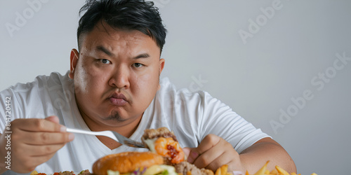 Plus size man eating junk food in restaurant Generative ai 