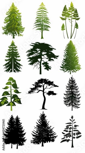 A collection of different types of trees. The trees are in different shades of green and black  and they have different shapes and sizes. The trees are all in a forest setting.