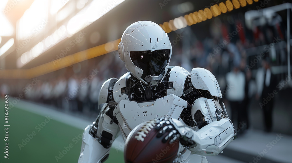 Fototapeta premium A robot dressed in football gear holds a ball, ready to play at a stadium during dusk.