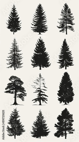 A collection of hand-drawn pine trees.