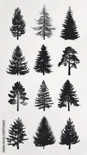 A collection of twelve different conifer tree silhouettes.