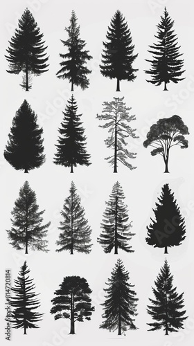 A collection of hand-drawn pine tree silhouettes. These high-quality vector graphics are perfect for use in a variety of design projects.