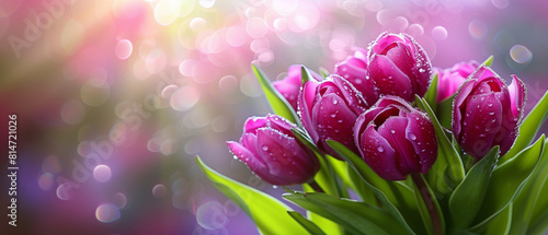 Pink tulips with dew drops against a bokeh background. #814721026