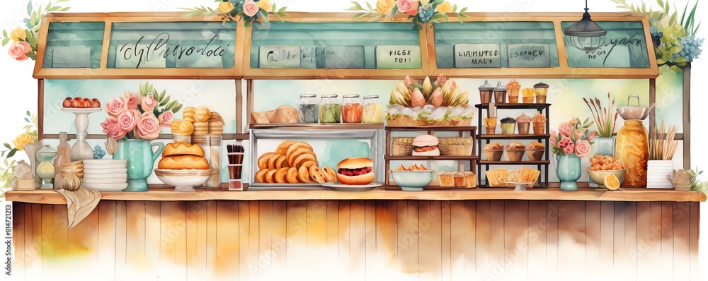 Bakery illustration flat design top view coffee shop theme water color vivid Bakery illustration flat design top view coffee shop theme water color vivid