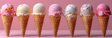 Ice cream cones with different flavors in waffle cone, isolated in flat pink background.