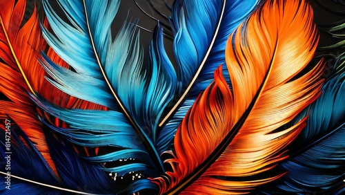 Colorful feathers on black background. 3d rendering, 3d illustration.