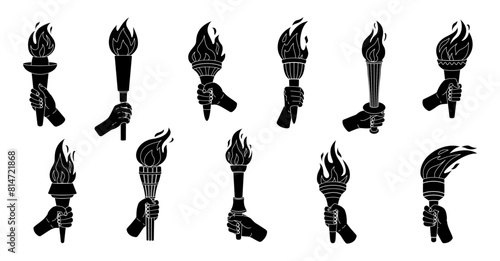Hand holding torch Silhouette icons set. Sport symbol, Torch, Flame. silhouettes burning torches flames in hands isolated on white. Black and white Hand drawn Vector illustration