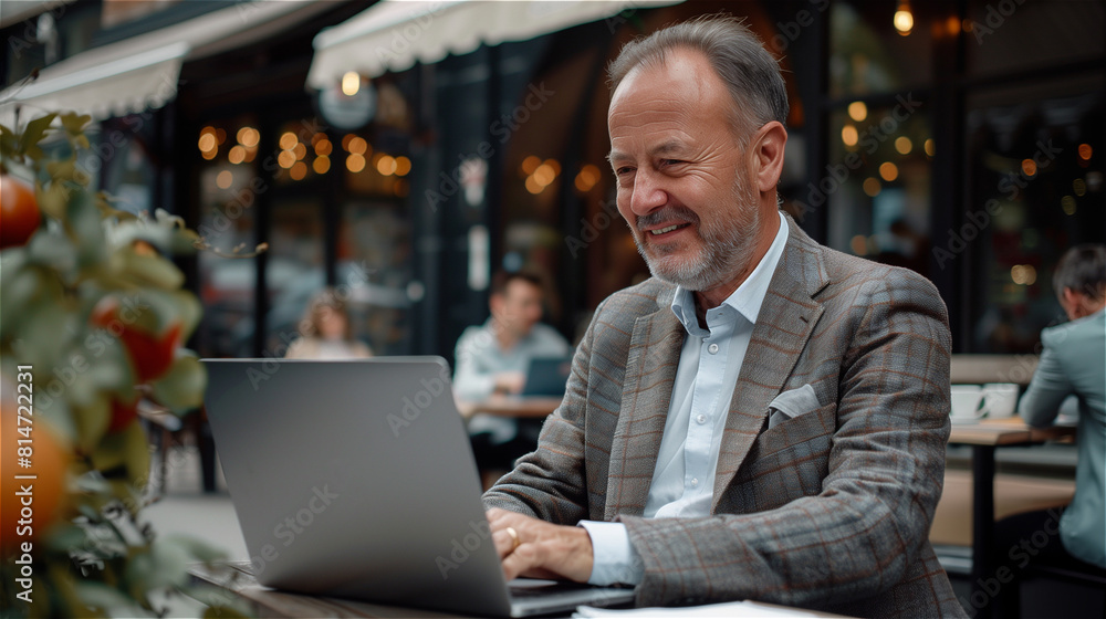 Middleaged man in business attire smiling while looking at laptop Middleaged man in business attire smiling while looking at laptop
