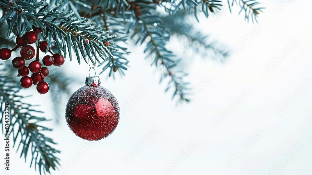 A beautiful Christmas ornament hangs from a snow-covered branch A beautiful Christmas ornament hangs from a snow-covered branch