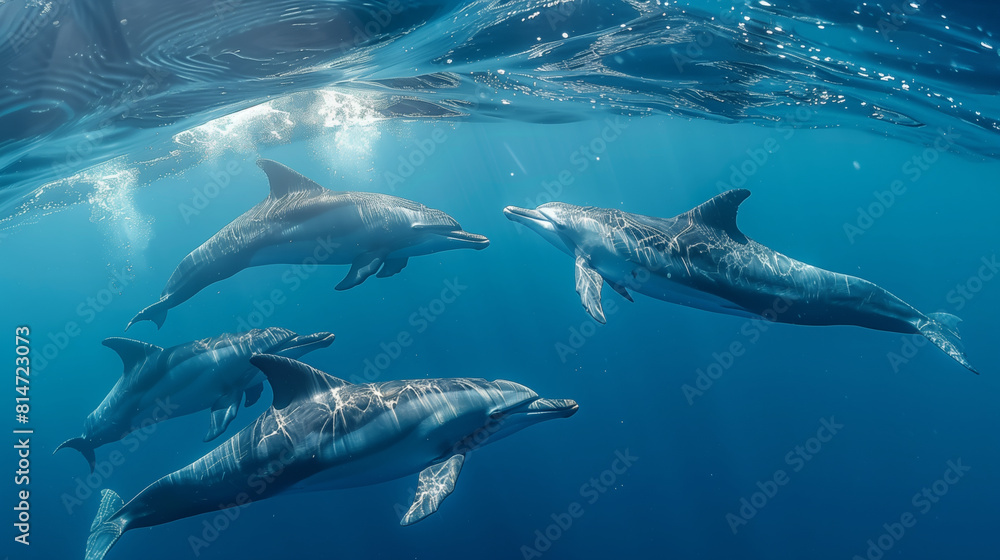 Fototapeta premium A pod of dolphins gracefully swimming in the clear blue ocean, illuminated by sunlight