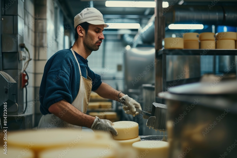 man making cheese in a factory, generative ai man making cheese in a factory, generative ai