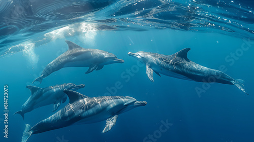 A pod of dolphins gracefully swimming in the clear blue ocean, illuminated by sunlight © Elena
