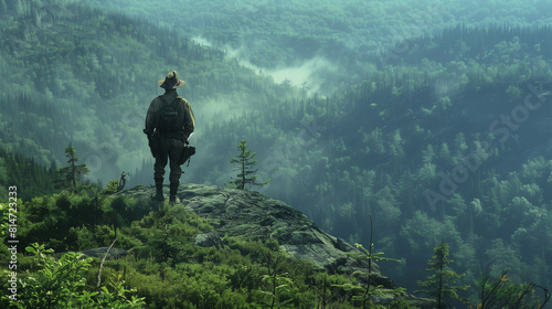 A lone ranger stands on a rocky outcrop overlooking a vast, fog-covered forest under a clear sky