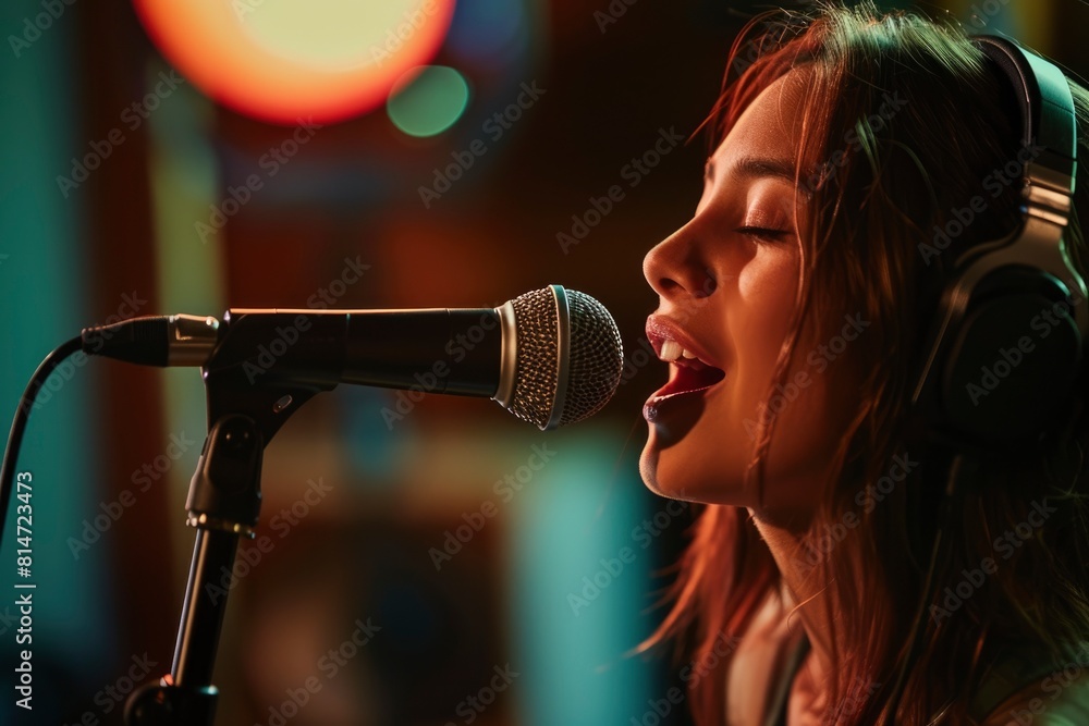young girl singing and recording with a microphone. generative ai young girl singing and recording with a microphone. generative ai