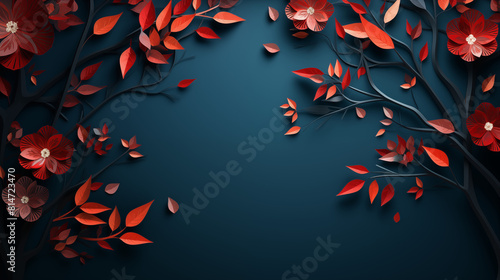 Papercraft Floral Arrangement with Red and Orange Leaves on Dark Blue Background