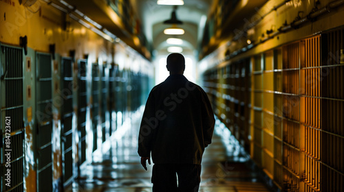 Silhouette of a man standing in a prison corridor, highlighted by dim lights and rows of cells