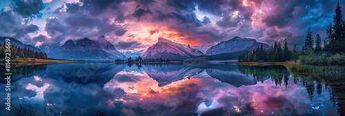 Wide Mountain Lake Vista. A wide panoramic shot captures a picturesque mountain lake reflecting a dramatic sunset sky  creating a stunning natural landscape. Panoramic Nature Scenery 