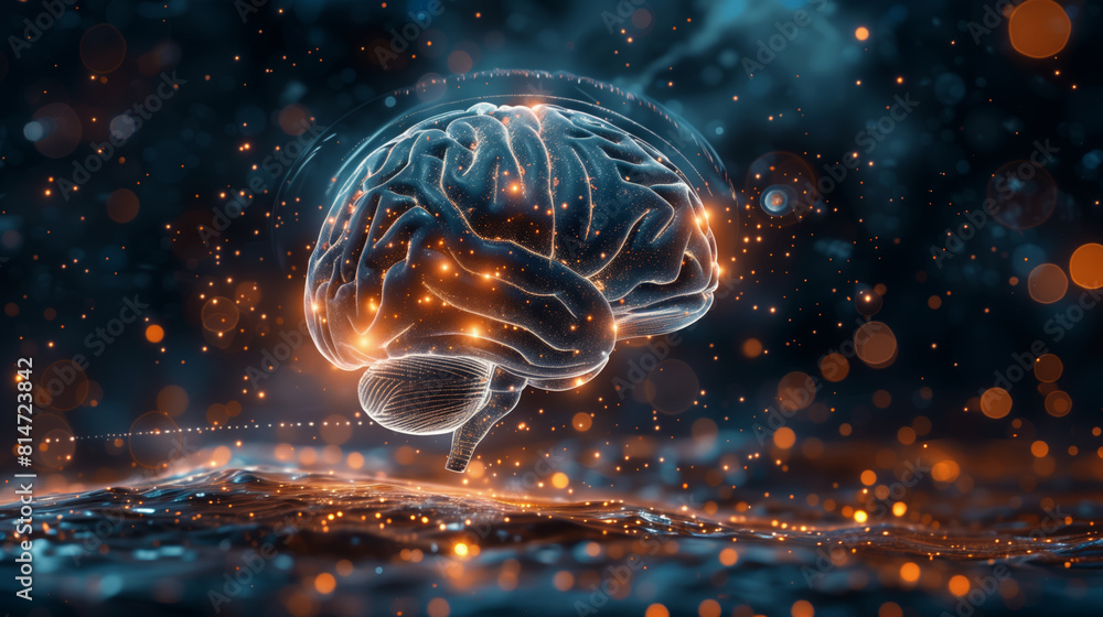 A glowing, futuristic representation of a human brain set against a backdrop of shimmering particles A glowing, futuristic representation of a human brain set against a backdrop of shimmering particles