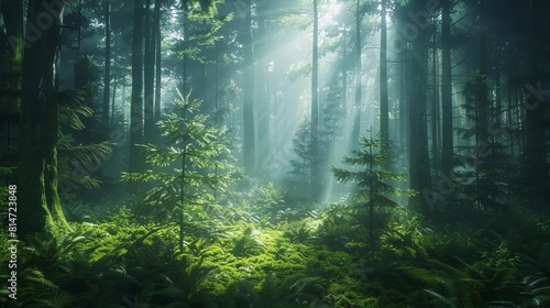 The sun shines through the tall trees in the misty forest. The lush green ferns and moss glow in the dappled light. The forest is silent and still  except for the sound of a gentle breeze rustling