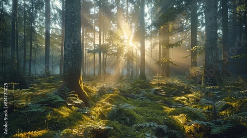 The sun shines through the trees in a beautiful forest. The forest is full of green plants and the sun is shining brightly  creating a beautiful scene.