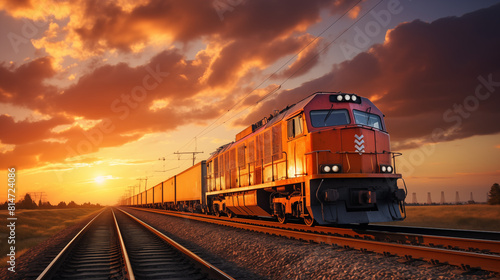 Orange Locomotive with Cargo at Dusk: Sunset Journey