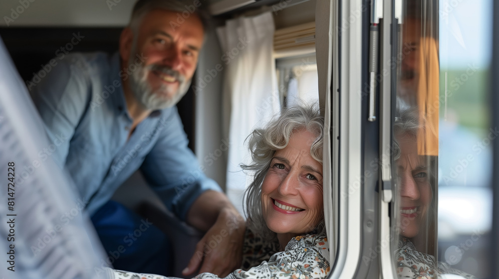 Smiling senior couple looking out from a camper van window Smiling senior couple looking out from a camper van window