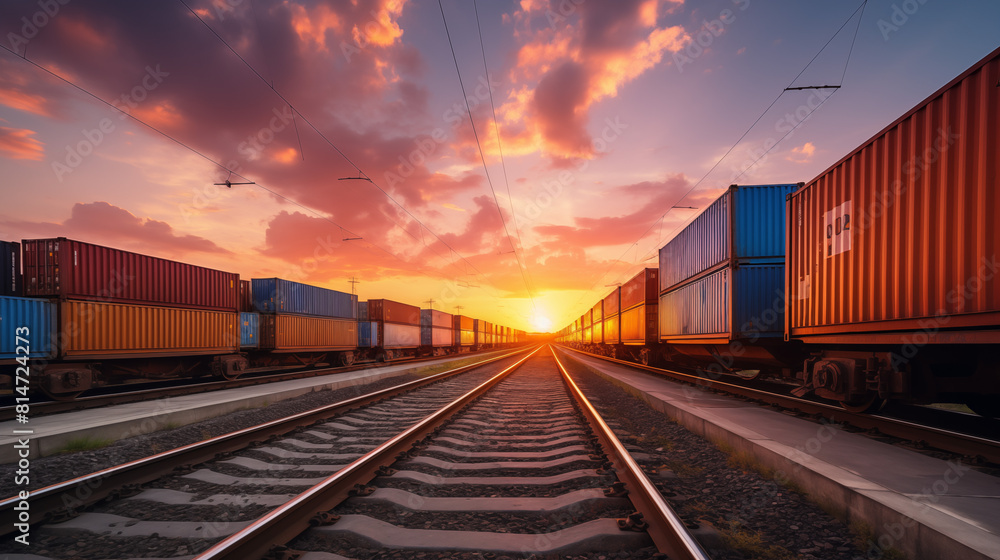 Fototapeta premium Freight Containers on Railway Tracks at Sunset