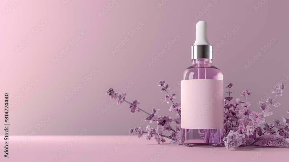 skincare serum bottle with floral decoration on soft purple background skincare serum bottle with floral decoration on soft purple background