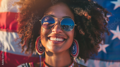 A joyful young woman with curly hair wearing round sunglasses, smiling broadly in front of an American flag at sunset