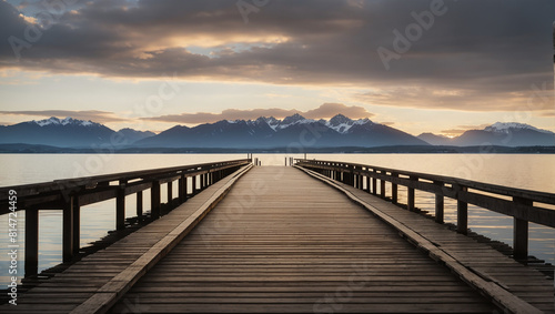 A wooden dock extending out into a calm lake  with snow-capped mountains in the distance.