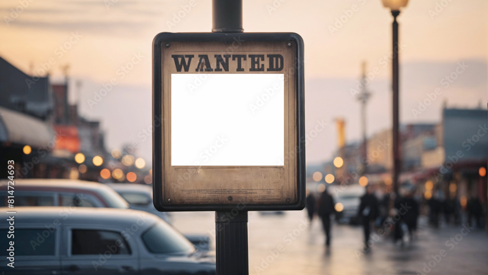 Wanted poster on a pole with blank space for photograph. Poster in the street. Wanted poster on a pole with blank space for photograph. Poster in the street.