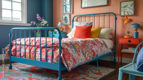Youthful bedroom with a colorful metal bed frame, durable mattress, and a fun, vibrant nightstand with playful elements.