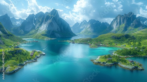 Aerial view of Reine, a traditional fishing village in the Lofoten archipelago in northern Norway when it is sunny and warm during the summer. photo