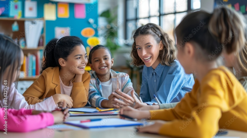 A group of children are seated around a table in a classroom, engaging in various educational activities. A group of children are seated around a table in a classroom, engaging in various educational activities.