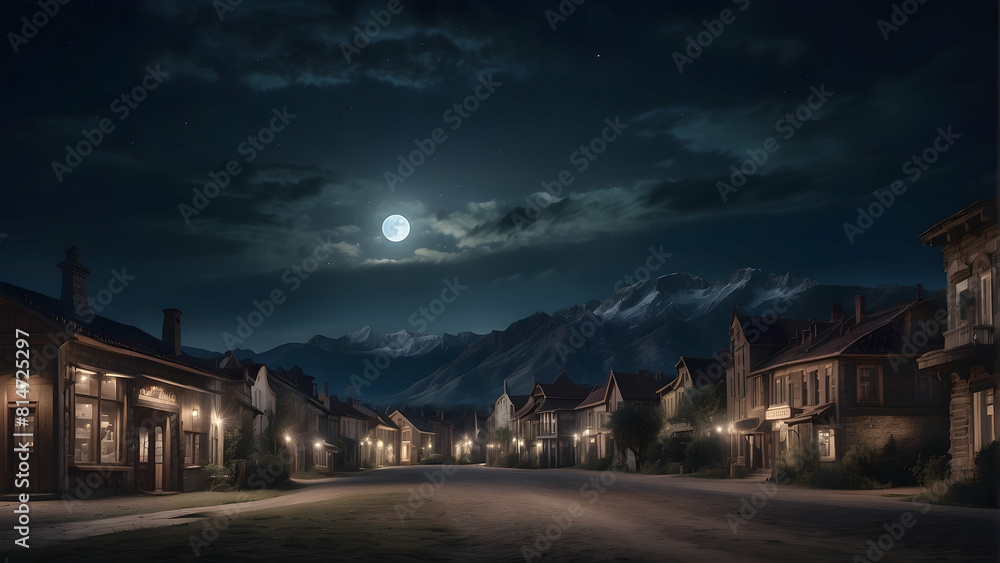 Moonlit cobblestone street in historic town Moonlit cobblestone street in historic town