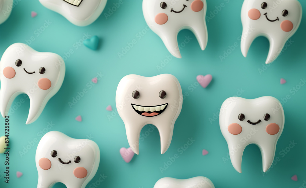 Whimsical Tooth Characters Floating on Turquoise Backdrop Whimsical Tooth Characters Floating on Turquoise Backdrop