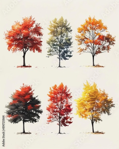 A set of six watercolor illustrations of trees in various autumn colors