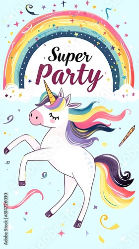 A magical unicorn prances gracefully against a sparkling rainbow background to the whimsical words super party. Children's card, holiday invitation