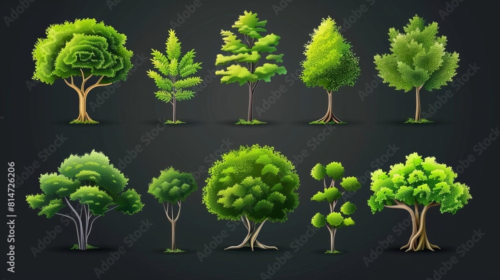 Fototapeta premium A collection of ten different types of trees. The trees are all rendered in a realistic style and have a variety of different shapes and sizes.